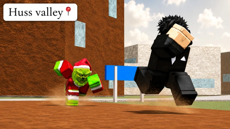 A Roblox player sprinting through the brick streets of Huss Valley while colorful pursuers give chase